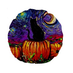 Halloween Art Starry Night Hallows Eve Black Cat Pumpkin Standard 15  Premium Flano Round Cushions