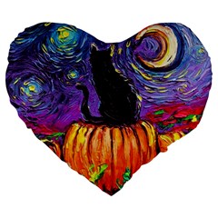 Halloween Art Starry Night Hallows Eve Black Cat Pumpkin Large 19  Premium Flano Heart Shape Cushions by Sarkoni