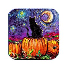 Halloween Art Starry Night Hallows Eve Black Cat Pumpkin Square Metal Box (black) by Sarkoni