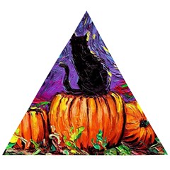 Halloween Art Starry Night Hallows Eve Black Cat Pumpkin Wooden Puzzle Triangle by Sarkoni