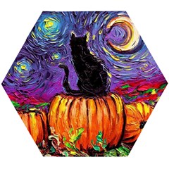 Halloween Art Starry Night Hallows Eve Black Cat Pumpkin Wooden Puzzle Hexagon by Sarkoni