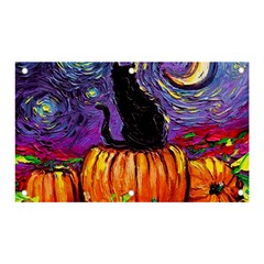 Halloween Art Starry Night Hallows Eve Black Cat Pumpkin Banner And Sign 5  X 3  by Sarkoni