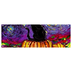 Halloween Art Starry Night Hallows Eve Black Cat Pumpkin Banner And Sign 9  X 3  by Sarkoni