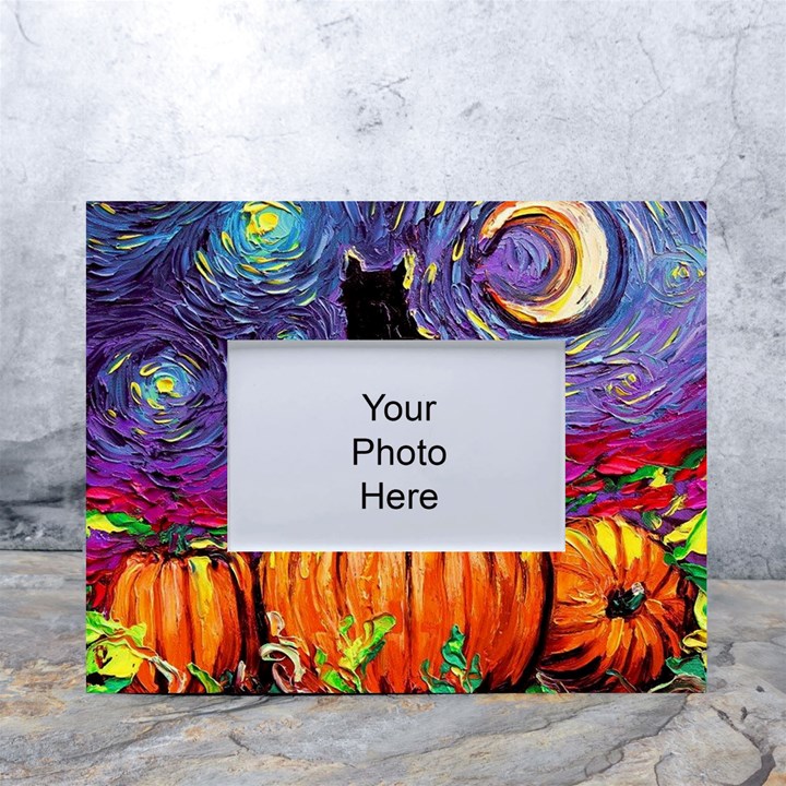 Halloween Art Starry Night Hallows Eve Black Cat Pumpkin White Tabletop Photo Frame 4 x6 