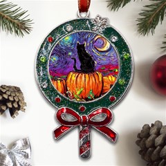 Halloween Art Starry Night Hallows Eve Black Cat Pumpkin Metal X mas Lollipop With Crystal Ornament by Sarkoni