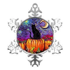 Halloween Art Starry Night Hallows Eve Black Cat Pumpkin Metal Small Snowflake Ornament by Sarkoni