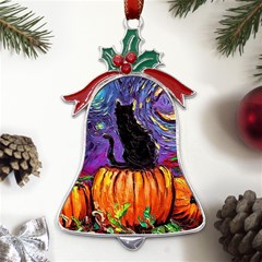 Halloween Art Starry Night Hallows Eve Black Cat Pumpkin Metal Holly Leaf Bell Ornament