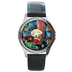 Cartoon Starry Night Vincent Van Gogh Round Metal Watch by Sarkoni