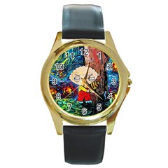 Cartoon Starry Night Vincent Van Gogh Round Gold Metal Watch by Sarkoni