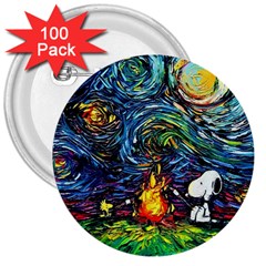 Dog Cartoon Starry Night Print Van Gogh Parody 3  Buttons (100 Pack)  by Sarkoni