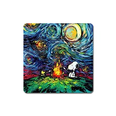 Dog Cartoon Starry Night Print Van Gogh Parody Square Magnet by Sarkoni