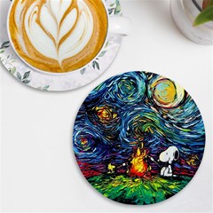 Dog Cartoon Starry Night Print Van Gogh Parody Uv Print Round Tile Coaster by Sarkoni