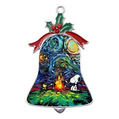 Dog Cartoon Starry Night Print Van Gogh Parody Metal Holly Leaf Bell Ornament by Sarkoni