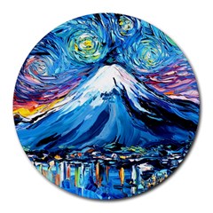 Mount Fuji Art Starry Night Van Gogh Round Mousepad by Sarkoni