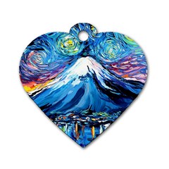 Mount Fuji Art Starry Night Van Gogh Dog Tag Heart (one Side) by Sarkoni