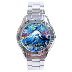 Mount Fuji Art Starry Night Van Gogh Stainless Steel Analogue Watch by Sarkoni