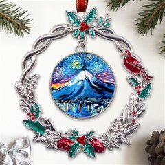 Mount Fuji Art Starry Night Van Gogh Metal X mas Wreath Holly Leaf Ornament by Sarkoni