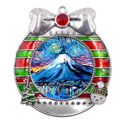 Mount Fuji Art Starry Night Van Gogh Metal X mas Ribbon With Red Crystal Round Ornament