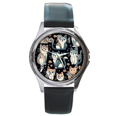 Cats Pattern Round Metal Watch by Valentinaart