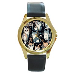 Cats Pattern Round Gold Metal Watch by Valentinaart