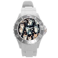 Cats Pattern Round Plastic Sport Watch (l) by Valentinaart