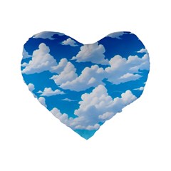 Sky Clouds Blue Cartoon Animated Standard 16  Premium Flano Heart Shape Cushions by Bangk1t