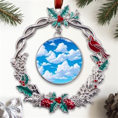 Sky Clouds Blue Cartoon Animated Metal X mas Wreath Holly Leaf Ornament