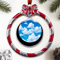 Sky Clouds Blue Cartoon Animated Metal Red Ribbon Round Ornament by Bangk1t