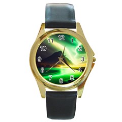 Aurora Lake Neon Colorful Round Gold Metal Watch by Bangk1t