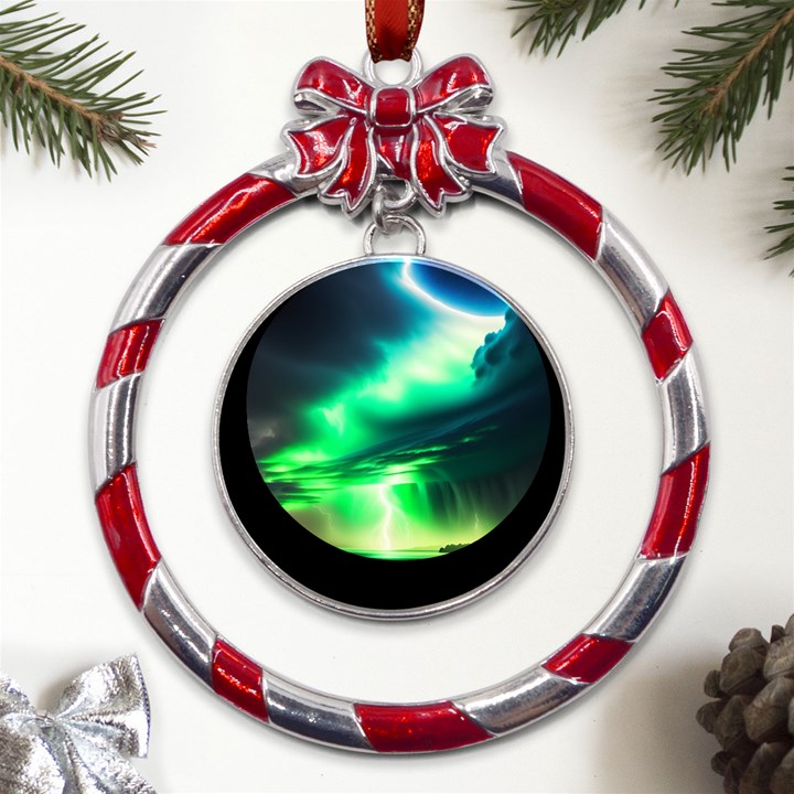 Lake Storm Neon Metal Red Ribbon Round Ornament