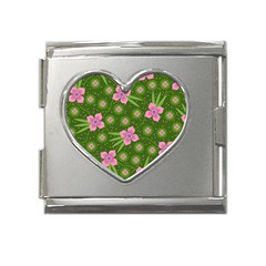 Pink Flower Background Pattern Mega Link Heart Italian Charm (18mm) by Ravend