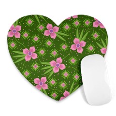 Pink Flower Background Pattern Heart Mousepad by Ravend