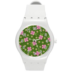 Pink Flower Background Pattern Round Plastic Sport Watch (m) by Ravend