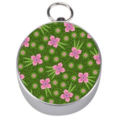 Pink Flower Background Pattern Silver Compasses