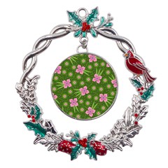 Pink Flower Background Pattern Metal X mas Wreath Holly Leaf Ornament by Ravend