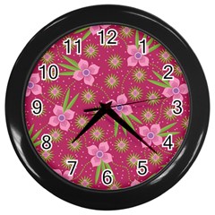 Flower Background Pattern Pink Wall Clock (black) by Ravend