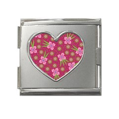 Flower Background Pattern Pink Mega Link Heart Italian Charm (18mm) by Ravend