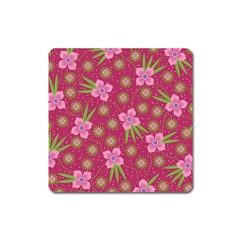 Flower Background Pattern Pink Square Magnet by Ravend