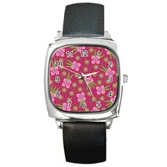 Flower Background Pattern Pink Square Metal Watch by Ravend