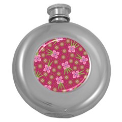 Flower Background Pattern Pink Round Hip Flask (5 Oz) by Ravend