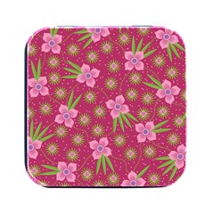 Flower Background Pattern Pink Square Metal Box (black) by Ravend