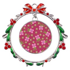 Flower Background Pattern Pink Metal X mas Wreath Ribbon Ornament