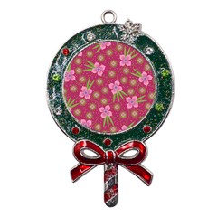 Flower Background Pattern Pink Metal X mas Lollipop With Crystal Ornament by Ravend