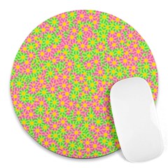 Pink Flower Background Green Pattern Round Mousepad by Ravend