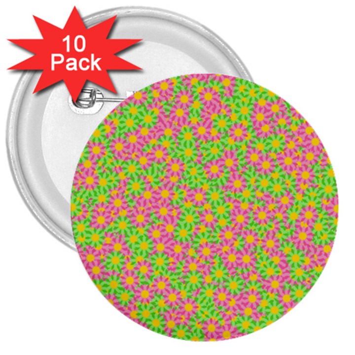 Pink Flower Background Green Pattern 3  Buttons (10 pack) 