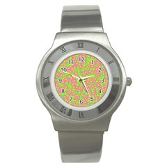 Pink Flower Background Green Pattern Stainless Steel Watch by Ravend