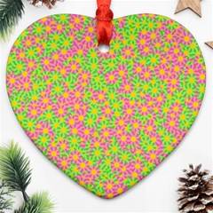 Pink Flower Background Green Pattern Heart Ornament (two Sides) by Ravend