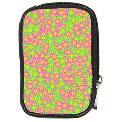 Pink Flower Background Green Pattern Compact Camera Leather Case by Ravend