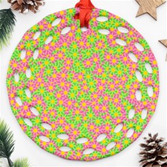 Pink Flower Background Green Pattern Round Filigree Ornament (two Sides) by Ravend