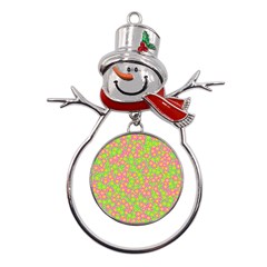 Pink Flower Background Green Pattern Metal Snowman Ornament by Ravend